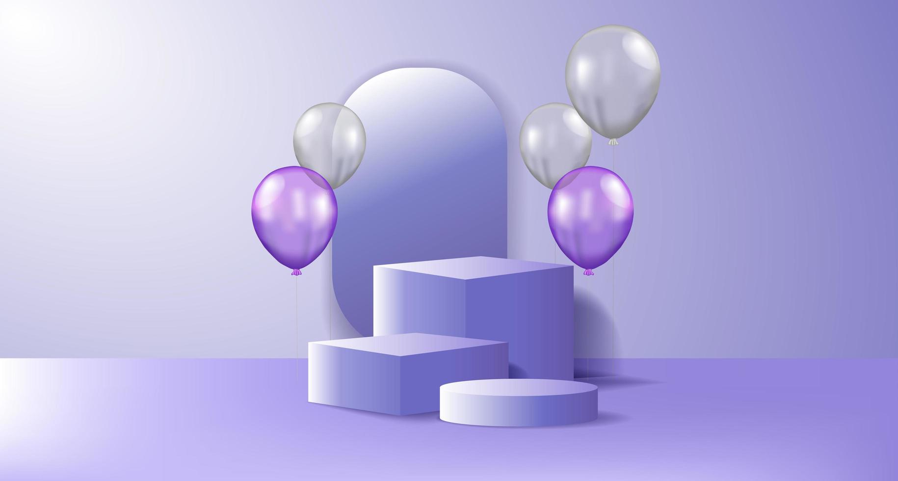 Présentoir de produit podium géométrique 3D avec ballon transparent violet et argent hélium volant avec couleur de fond pastel violet vecteur