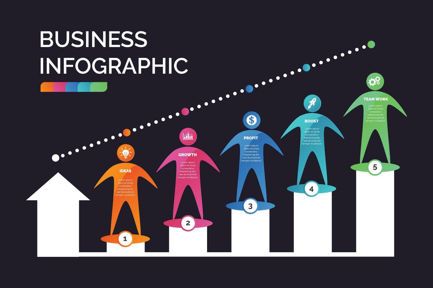 Humain symbole infographie conception vecteur avec 5 pas pour présentation, mise en page, diagramme graphique, anual rapport