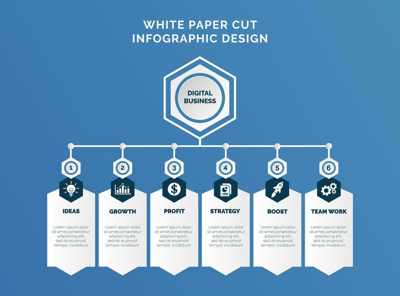 blanc papier Couper infographie modèle et affaires Icônes vecteur illustration. conception concept avec six choix, pas, processus pour présentation, mise en page, diagramme graphique, anual rapport