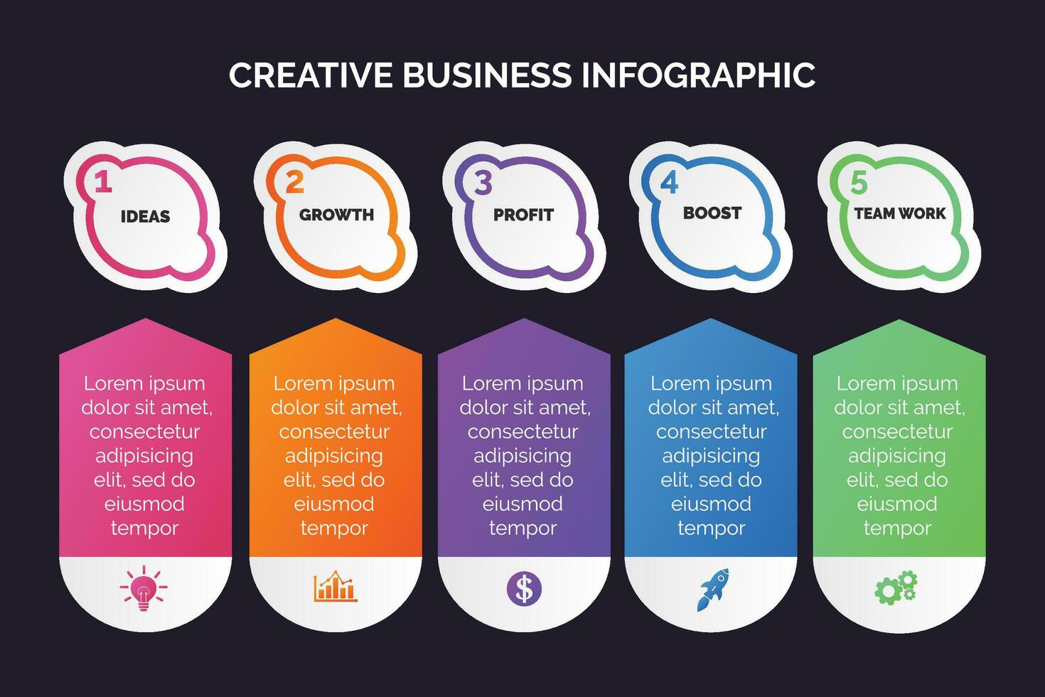 affaires infographie modèle avec commercialisation Icônes. concept conception avec 5 choix, pas, processus pour présentation, mise en page, diagramme graphique, anual rapport vecteur