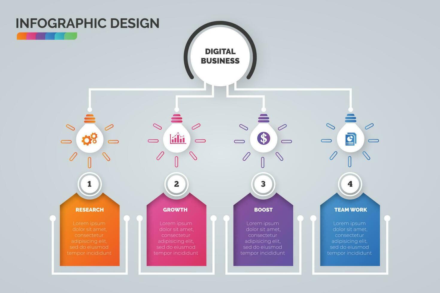 lumière ampoule infographie visualisation modèle et affaires Icônes vecteur. affaires concept avec 4 choix, pas, processus pour présentation, mise en page, diagramme graphique, anual rapport vecteur