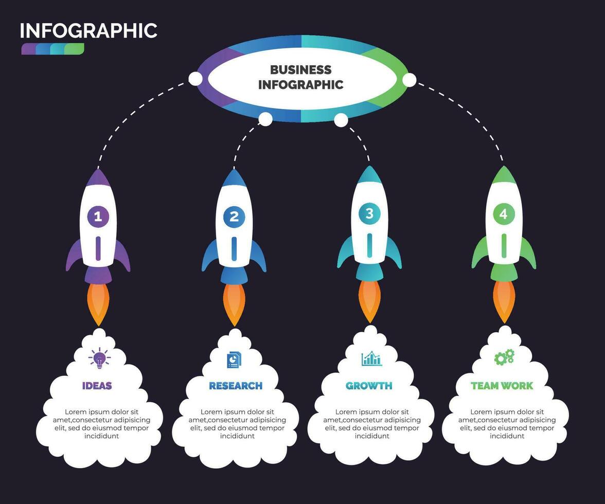 fusée lancement infographie conception vecteur avec 4 choix, pas, processus pour présentation, mise en page, flux de travail. Créatif affaires concept illustration