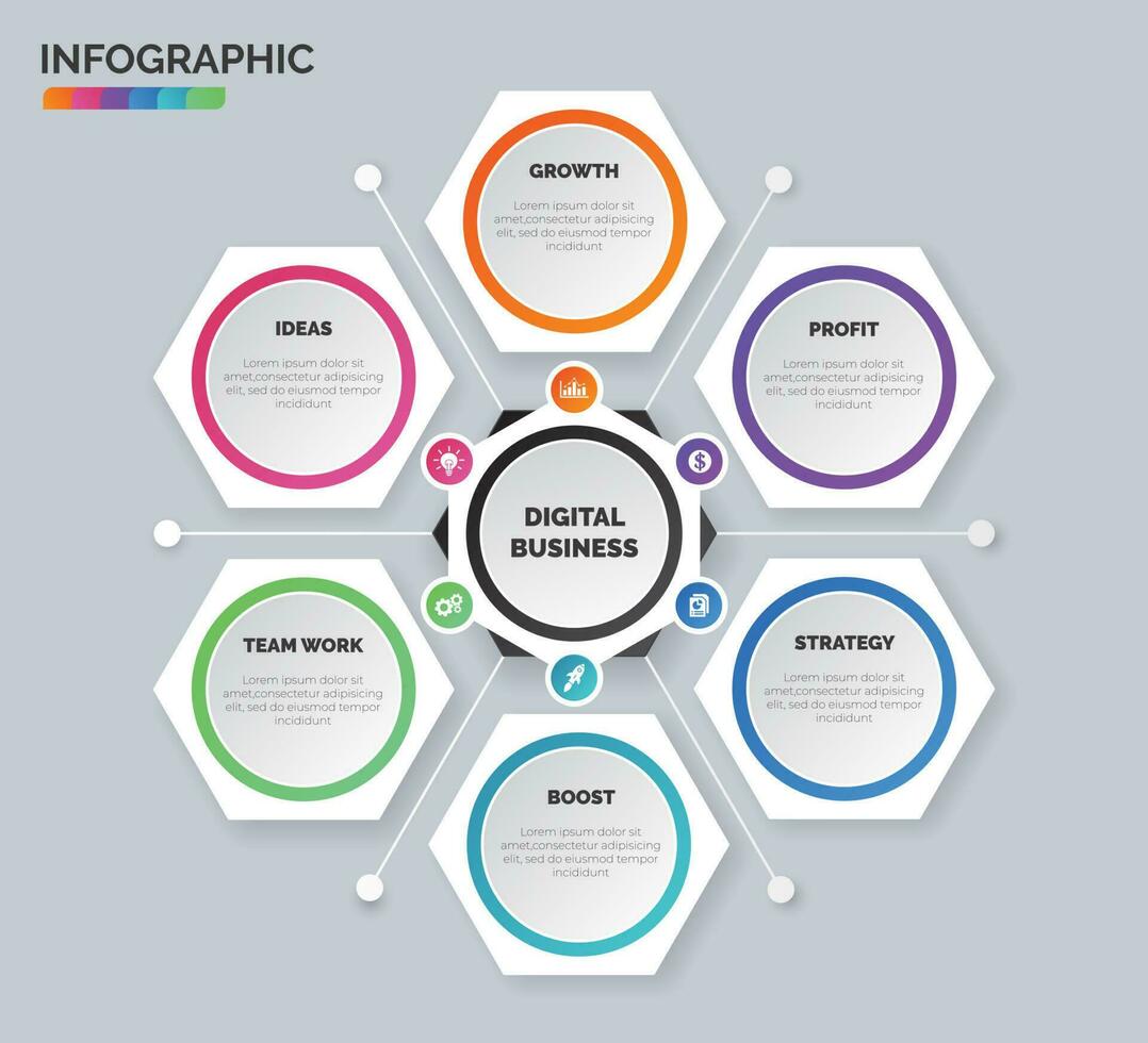 hexagone infographie Les données visualisation conception vecteur avec 6 choix, pas, processus pour présentation, mise en page, diagramme graphique, anual rapport