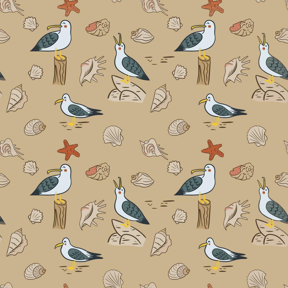 des gamins dessin animé vecteur sans couture modèle avec ruelle. plat mouette personnages avec coquilles, mer étoile sur le le sable Couleur Contexte. adapté pour des gamins textile, fond d'écran, emballage, arrière-plan, intérieur décor