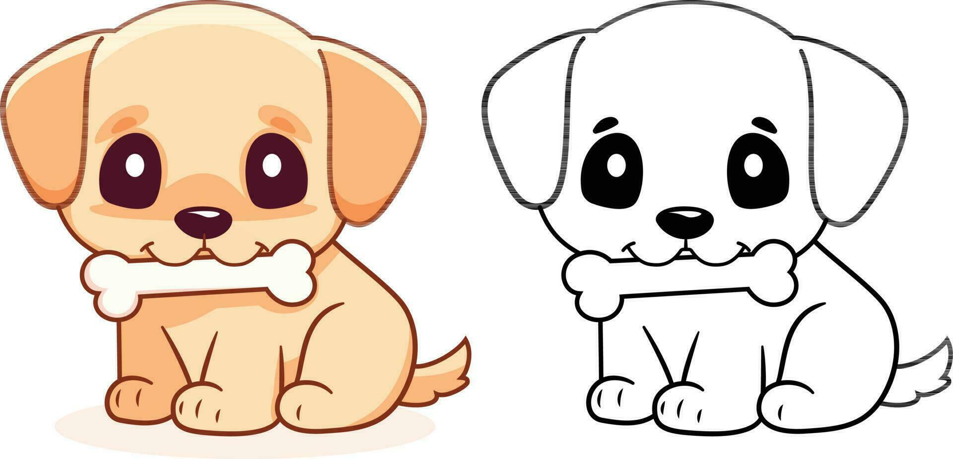 chien avec une os, vecteur illustration, une mignonne chien chiot avec une OS sur le sien bouche coloré et noir et blanc vecteur image