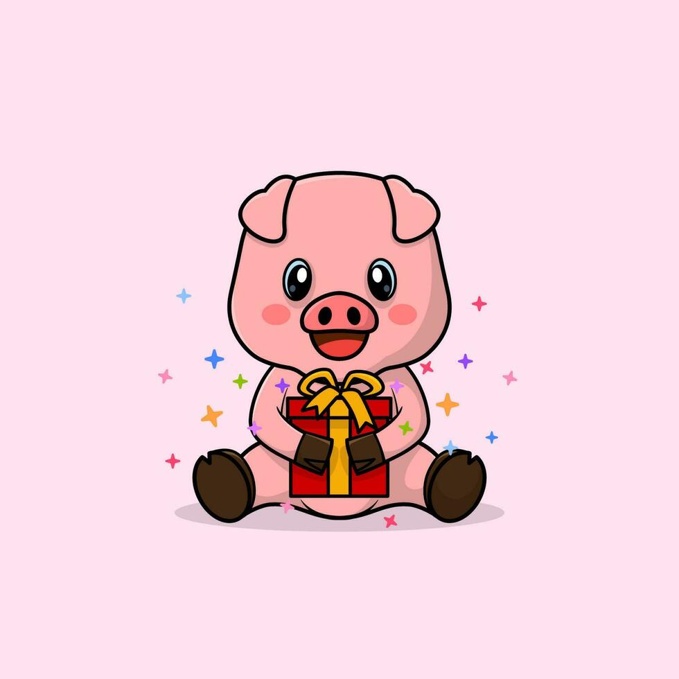 vecteur mignonne bébé porc dessin animé content en portant cadeau plat icône illustration.