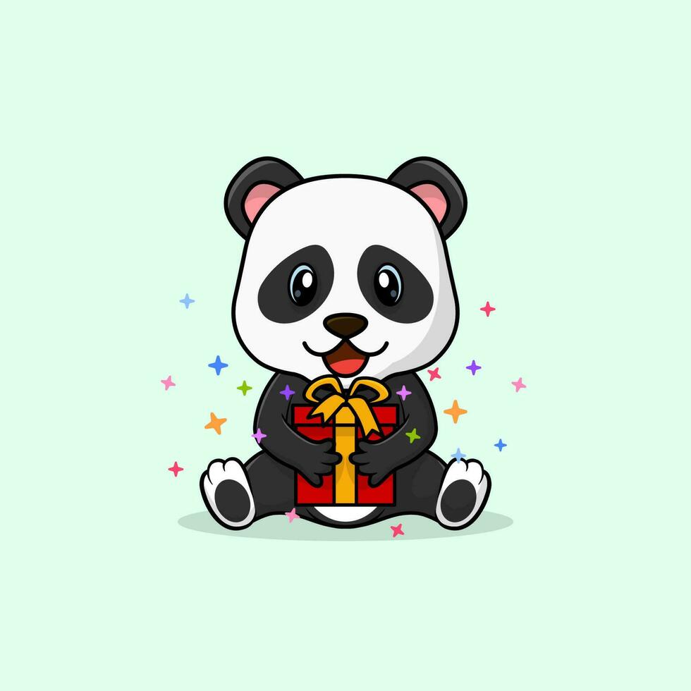 vecteur mignonne bébé Panda dessin animé content en portant cadeau plat icône illustration.