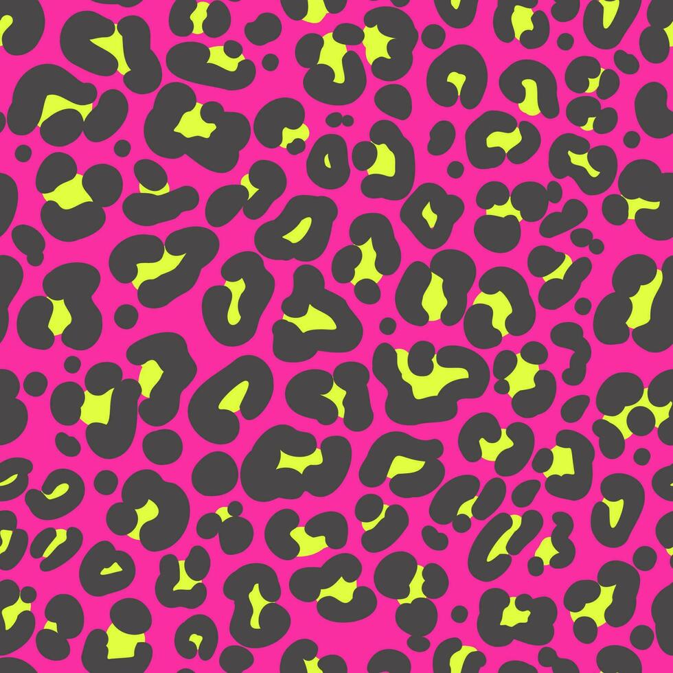 motif sans couture imprimé léopard. peau de guépard néon 80 design des années 90. taches noires et jaunes sur fond rose vif. vecteur