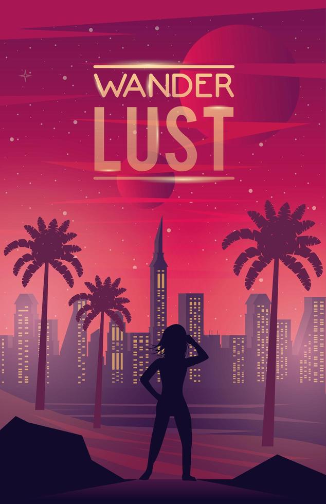 affiche wanderlust avec scène de silhouette de femme vecteur