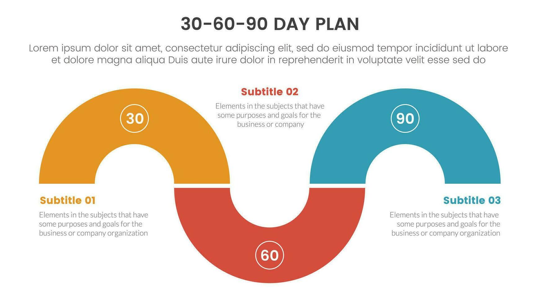 30-60-90 journée plan la gestion infographie 3 point étape modèle avec circulaire forme moitié cercle concept pour faire glisser présentation vecteur