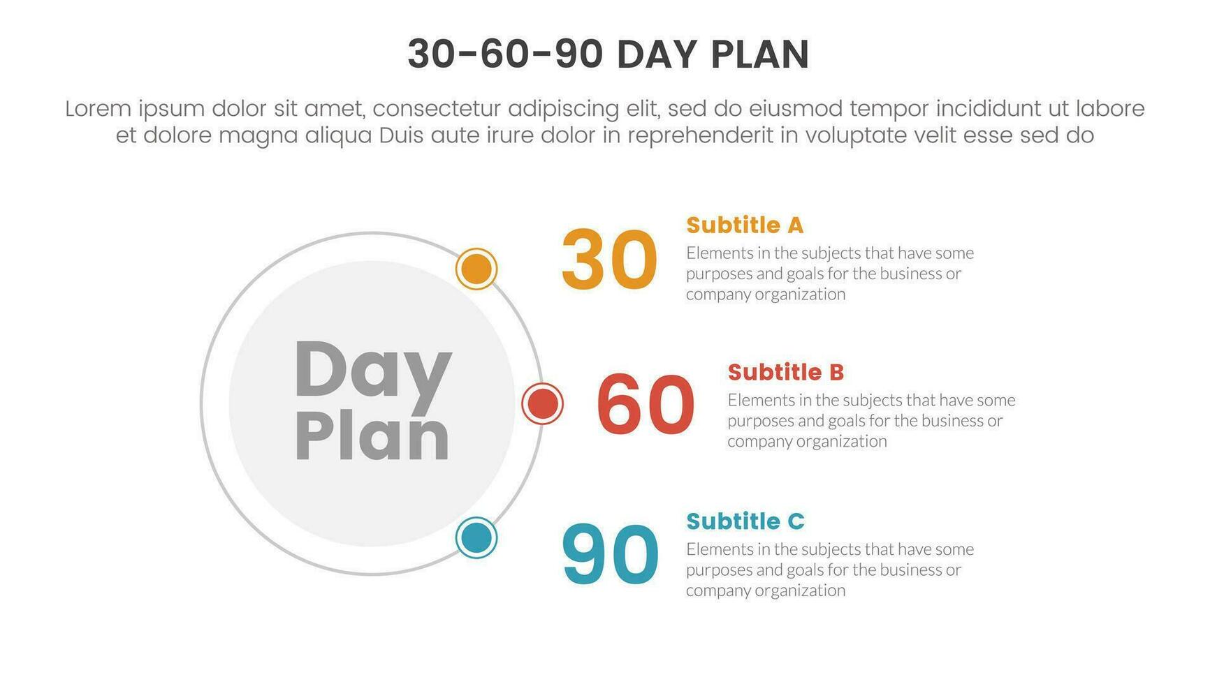 30-60-90 journée plan la gestion infographie 3 point étape modèle avec cercle et de liaison contenu concept pour faire glisser présentation vecteur