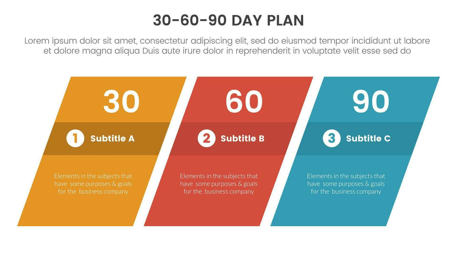 30-60-90 journée plan la gestion infographie 3 point étape modèle avec rectangle fausser ou biaisé concept pour faire glisser présentation vecteur