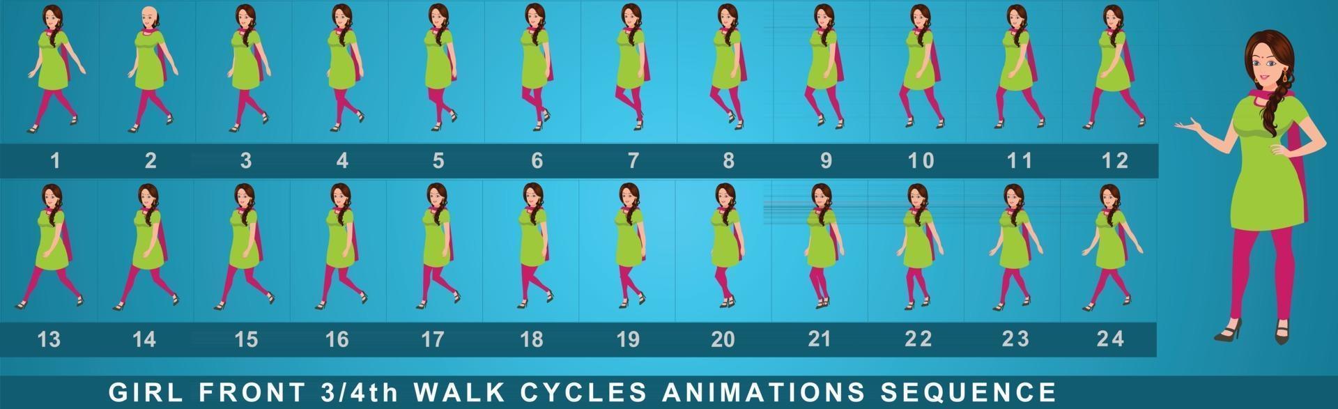 séquence d'animation de cycle de marche de personnage de fille vecteur