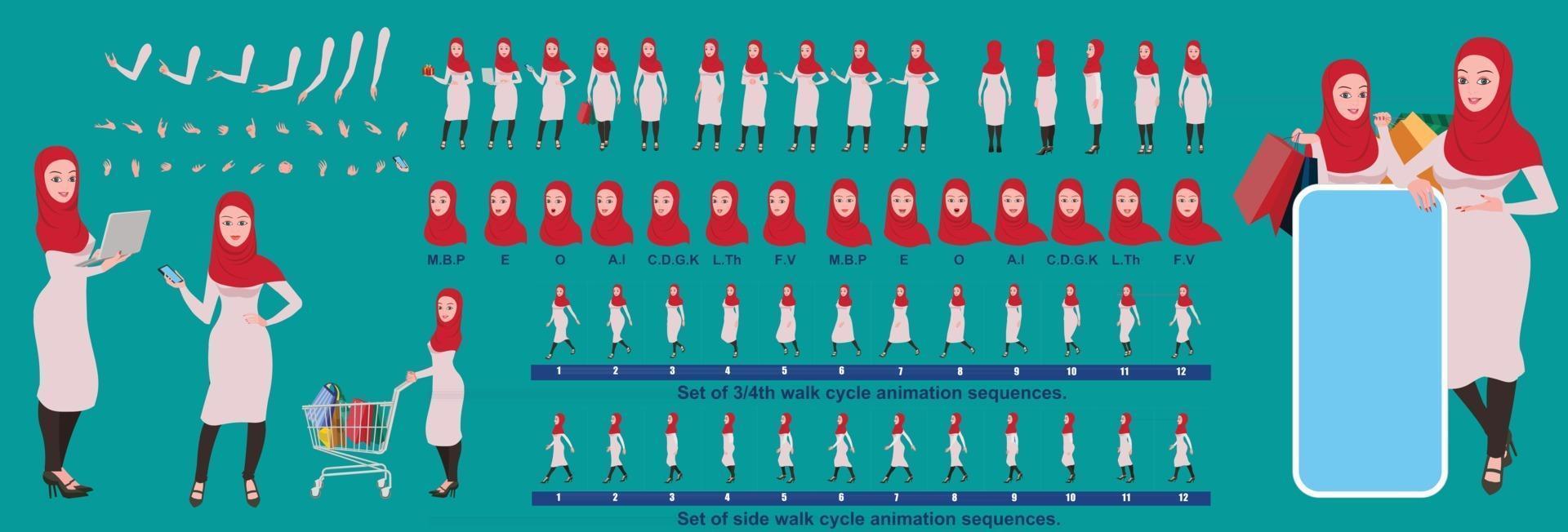 feuille de modèle de conception de personnage de fille islamique avec animation de cycle de marche vecteur