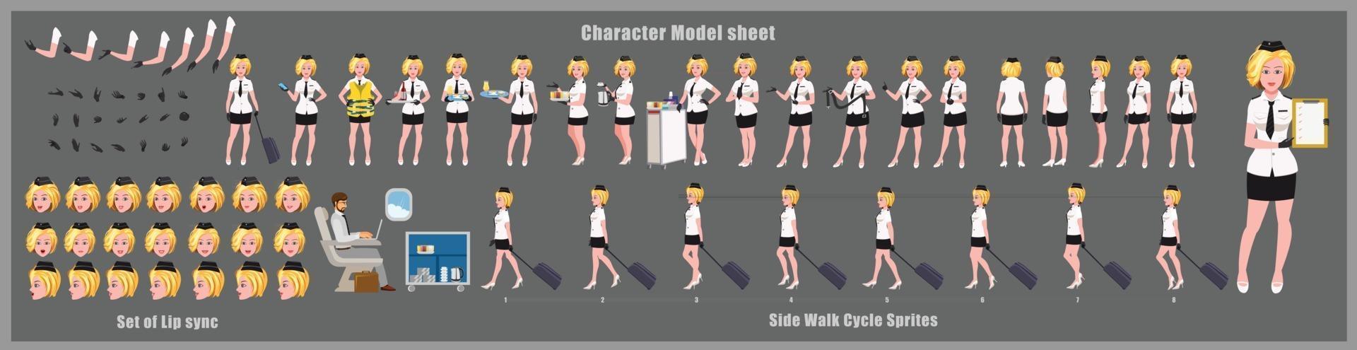 hôtesse de l'air fille conception de personnage modèle feuille fille conception de personnage avant face arrière vue arrière et animation explicative pose jeu de caractères avec synchronisation labiale séquence d'animation de toutes les séquences d'animation de cycle de marche avant arrière et latéral vecteur