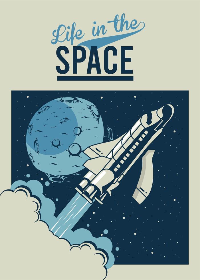 vie dans l & # 39; espace lettrage avec vaisseau spatial et lune dans un style vintage affiche vecteur