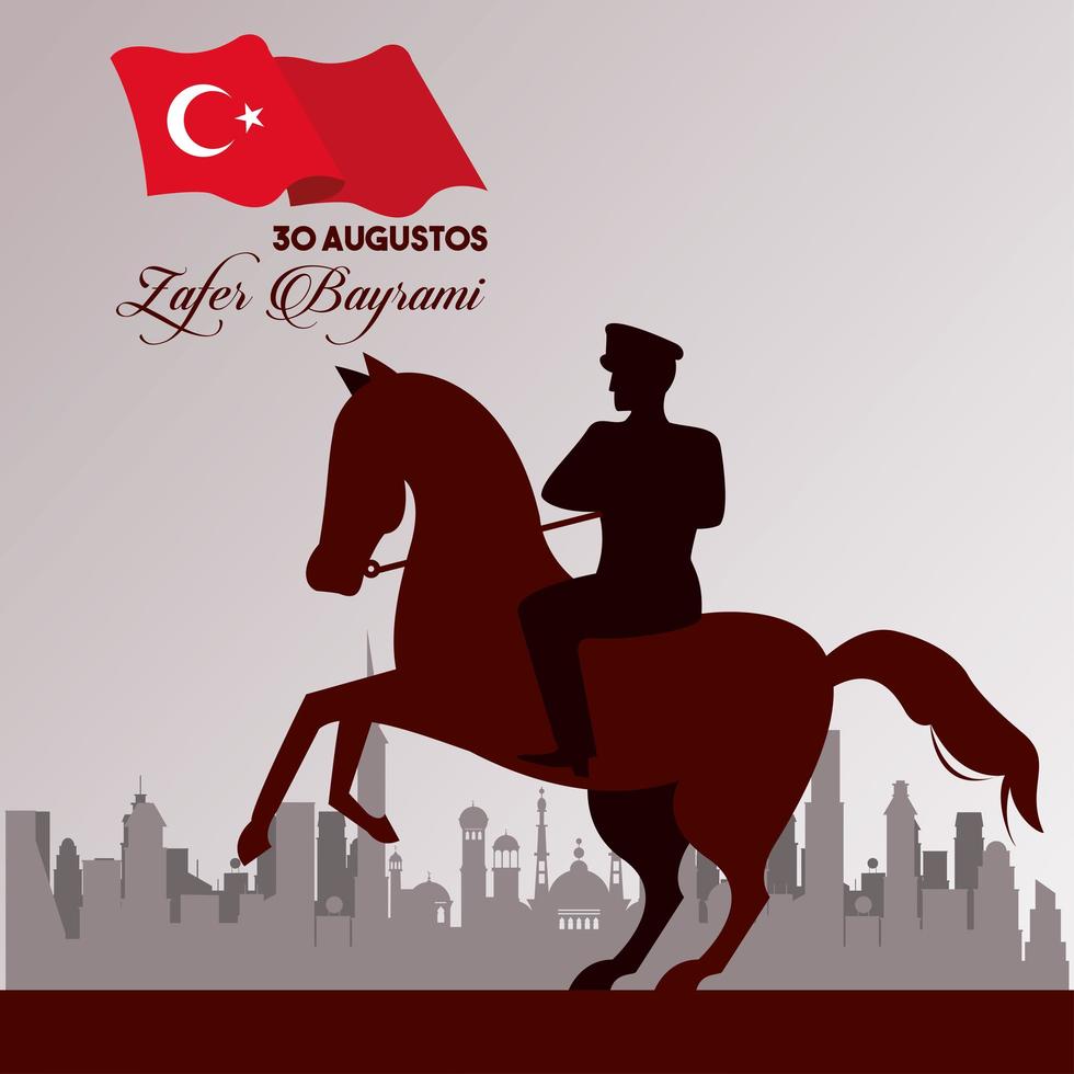 Célébration de zafer bayrami avec soldat à cheval et paysage urbain vecteur