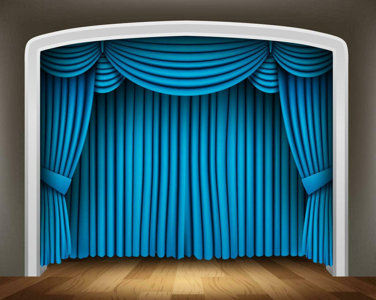 bleu rideau de classique théâtre avec bois sol, vecteur illustration