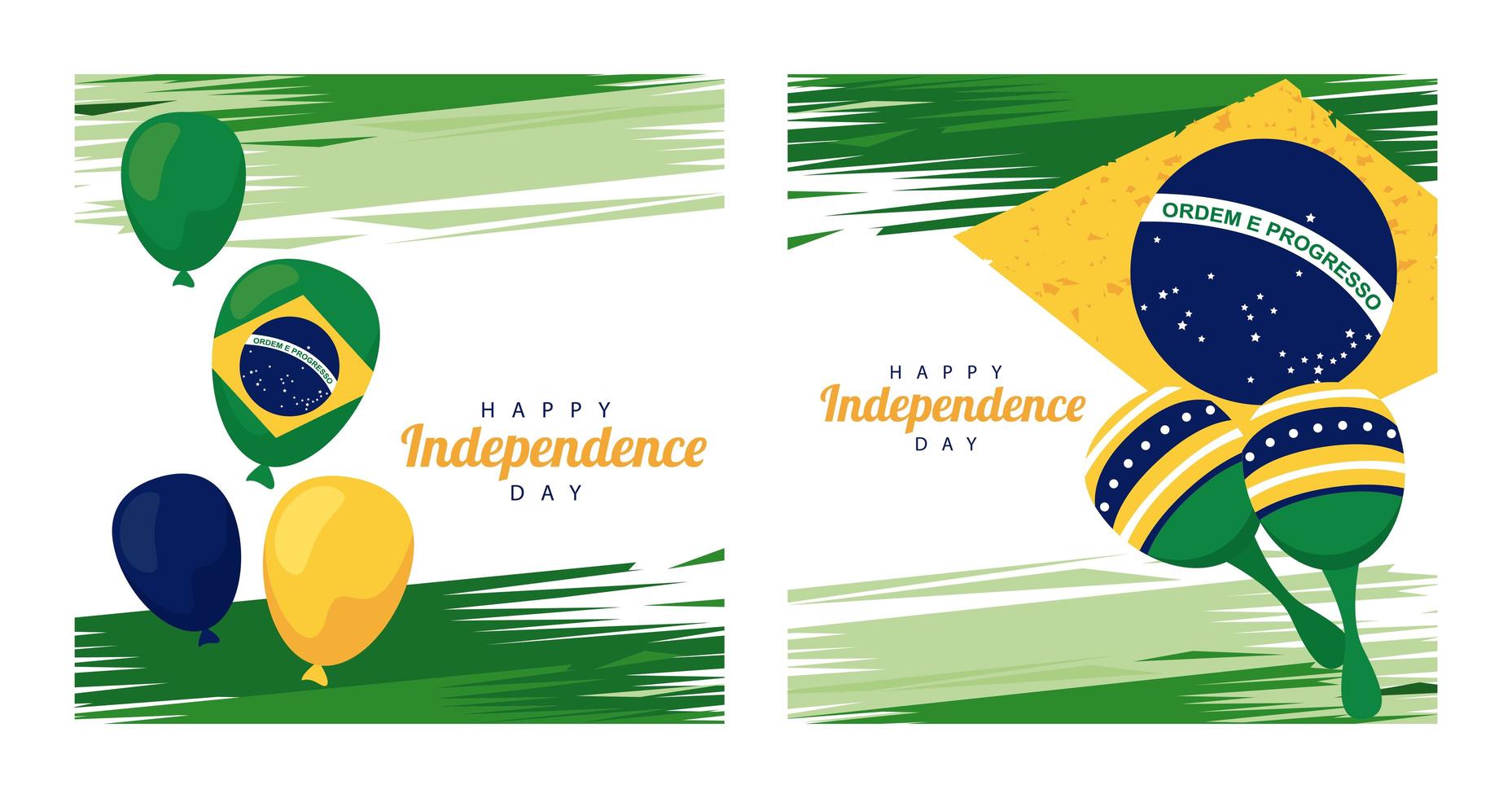 Brésil joyeuse fête de l'indépendance avec des ballons d'hélium et des maracas dans le drapeau vecteur