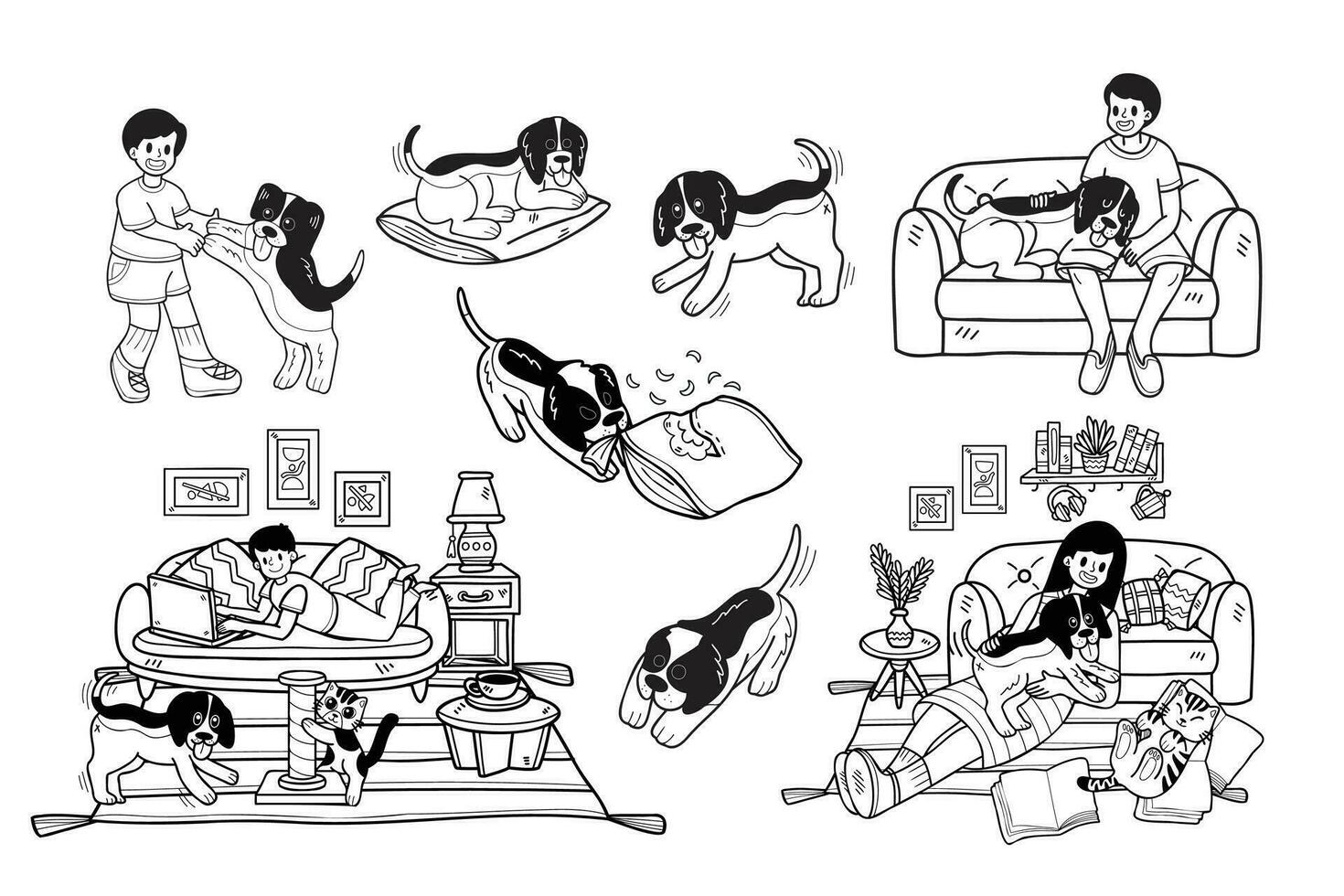 main tiré beagle chien et famille collection dans plat style illustration pour affaires des idées vecteur