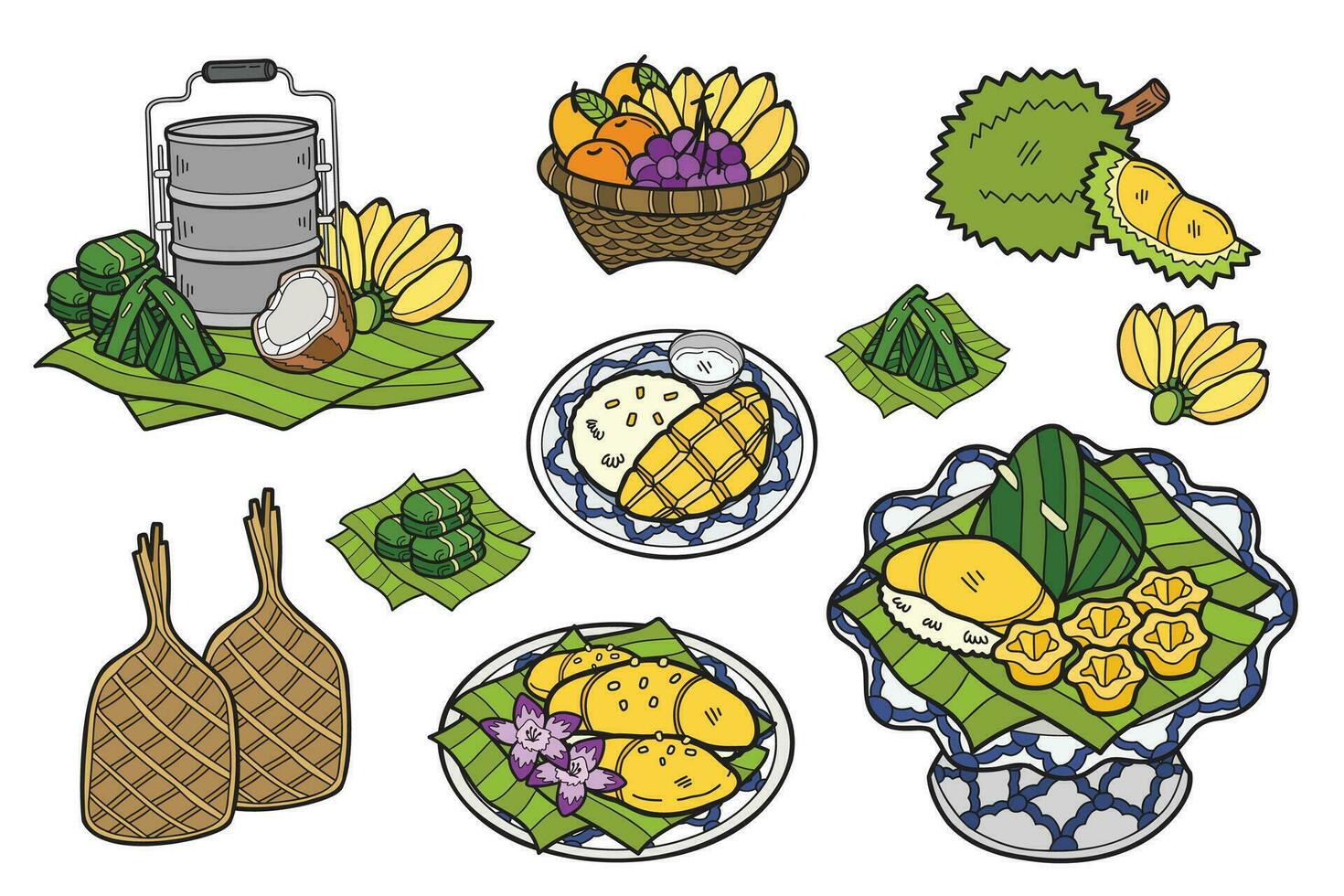 main tiré thaïlandais dessert collection dans plat style illustration pour affaires des idées vecteur