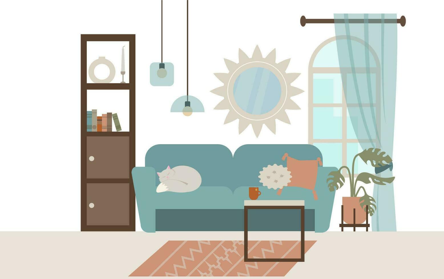 vivant pièce intérieur avec meubles, canapé, fauteuil, café tableau, fenêtre et plante. plat style vecteur illustration.