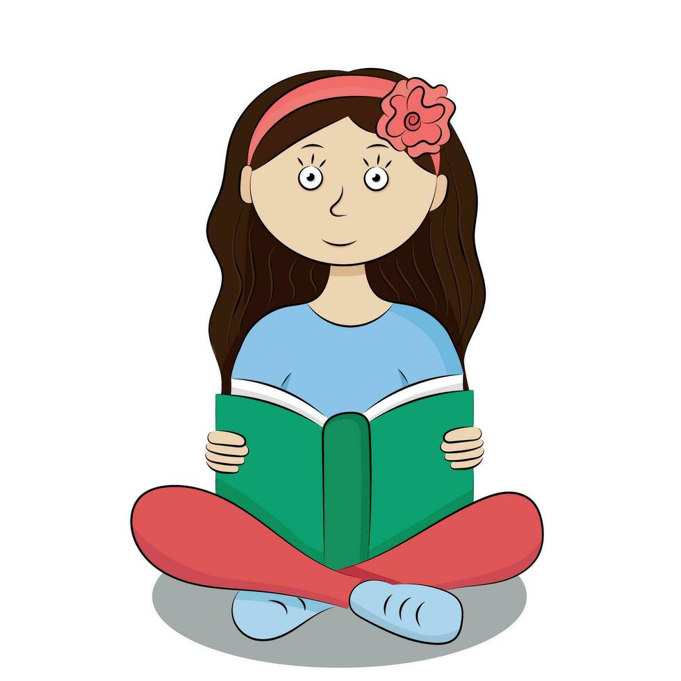 portrait de une dessin animé fille avec une fleur dans sa cheveux, qui est assis avec une livre dans sa mains, isoler sur blanc vecteur