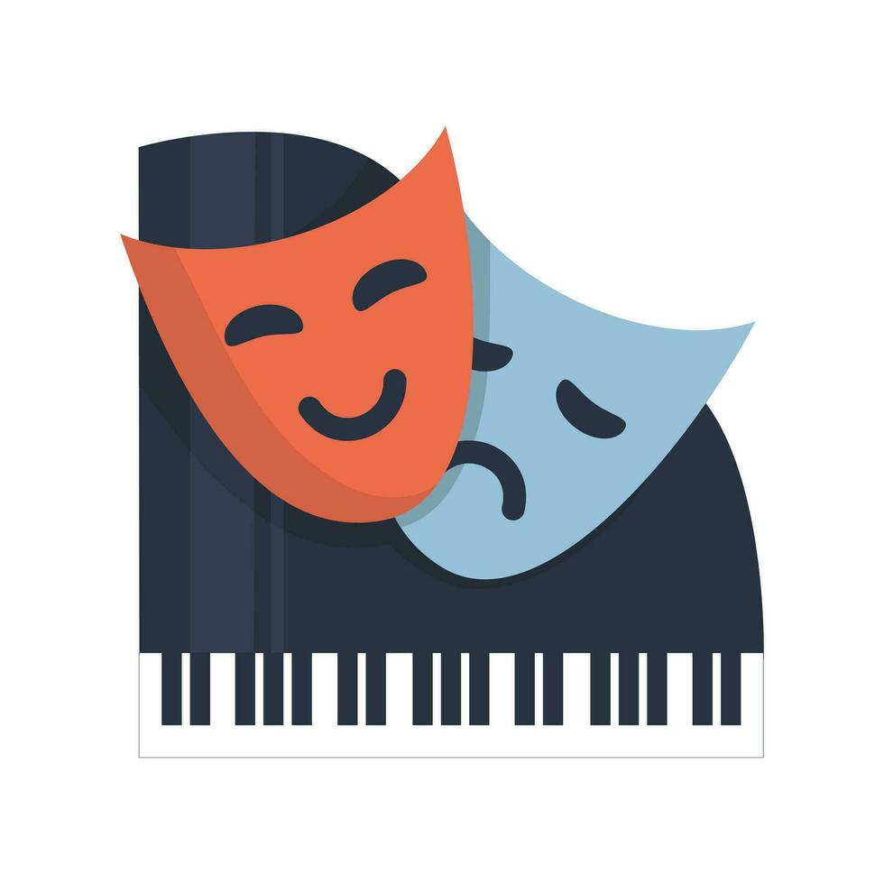 vecteur art et divertissement icône isolé sur le blanc Contexte. coloré comédie, la tragédie théâtre masques, et piano. logo concept