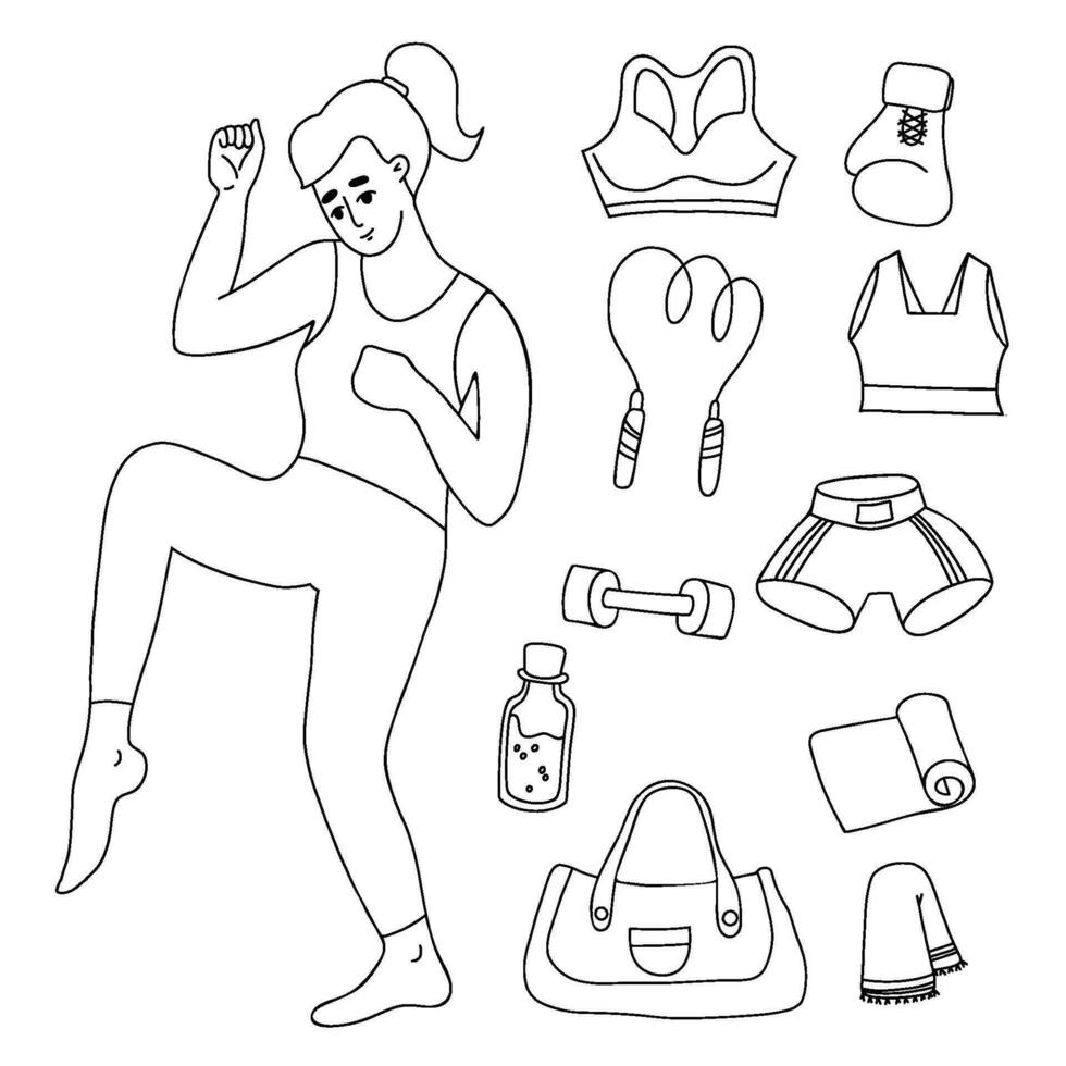 collection contour griffonnages femelle des sports. femme boxeur, tenue de sport, sauter corde et haltères, tapis et boxe gants. isolé linéaire vecteur dessins pour conception et décoration femmes sport et loisirs.