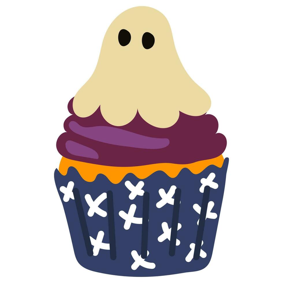 vecteur dessin animé petit gâteau avec violet crème et blanc fantôme. dessin animé Halloween thème pour enfants. marrant l'automne dessin animé dessert pour Halloween. dessin pour cartes postales, fête invitations