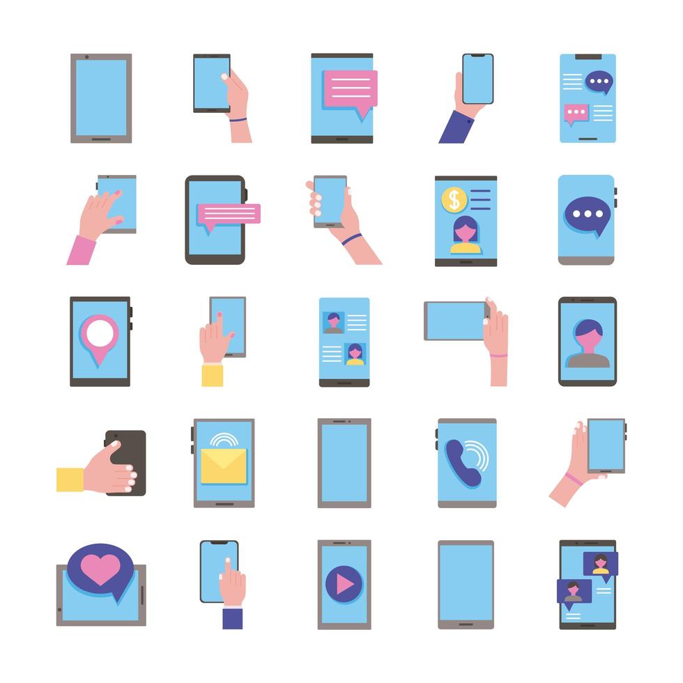 ensemble de vingt-cinq appareils smartphones mis en icônes de collection vecteur