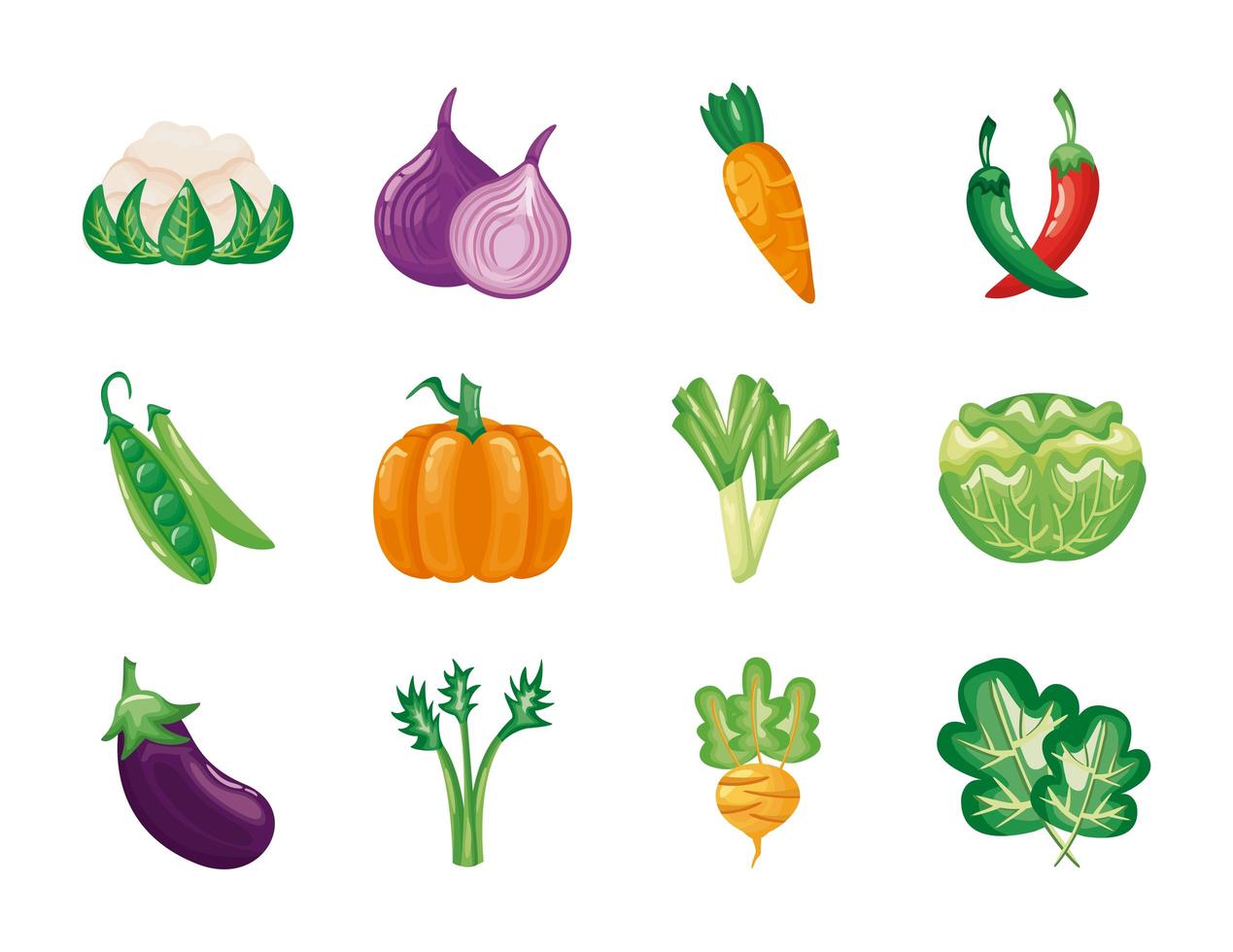 paquet de légumes mis icônes vecteur