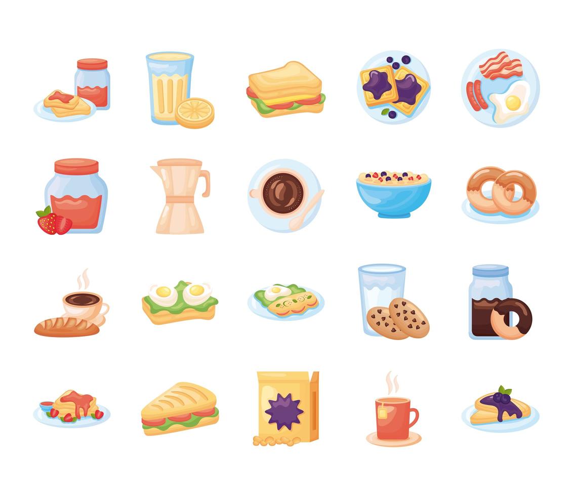 paquet d & # 39; icônes de jeu de nourriture de petit déjeuner vecteur