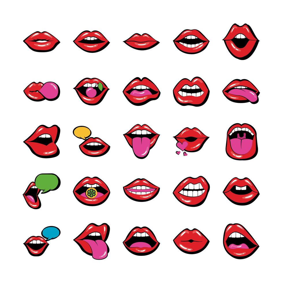 paquet de vingt-cinq bouches et lèvres mis des icônes vecteur