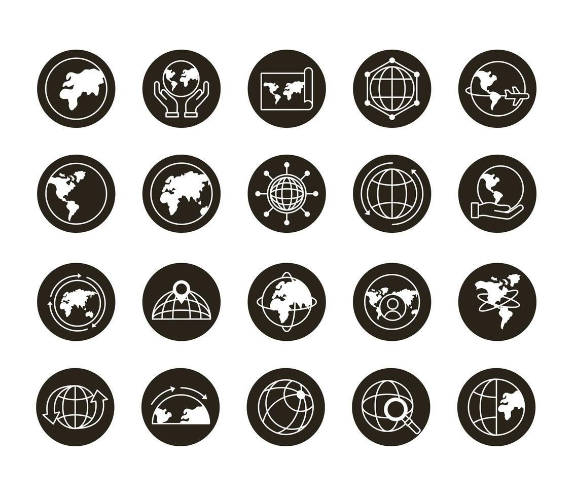 ensemble de vingt icônes de collection de jeu de planète mondiale vecteur