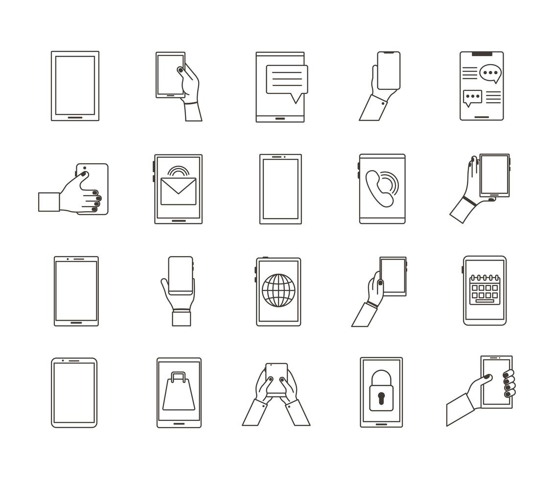 ensemble de vingt appareils smartphones mis en icônes de collection vecteur
