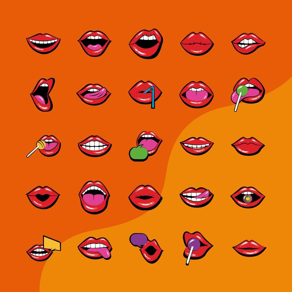 Lot de vingt-cinq bouches et lèvres mis des icônes sur fond orange vecteur