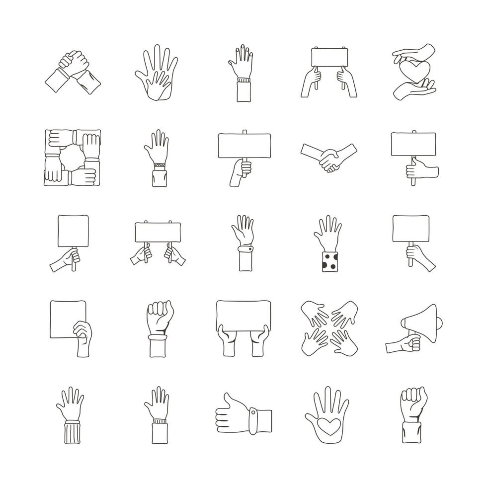 paquet de vingt-cinq mains protester ensemble icônes vecteur