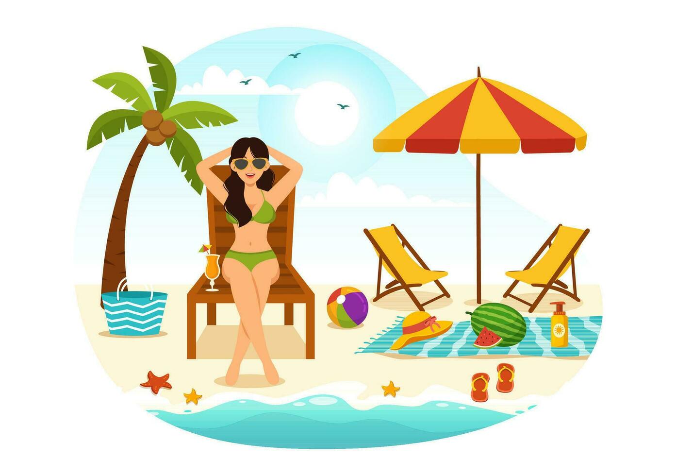bain de soleil vecteur illustration de gens mensonge sur cabriolet salon et relaxant sur plage été vacances dans plat dessin animé main tiré modèles