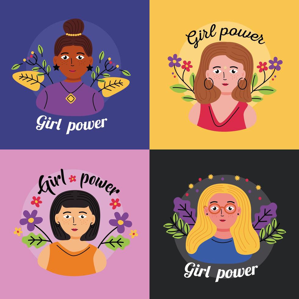 girl power femmes dessins animés mis en conception de vecteur