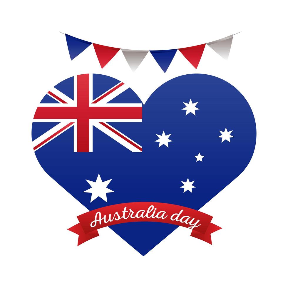 joyeux jour australie lettrage avec drapeau en forme de coeur et décoration de guirlandes vecteur