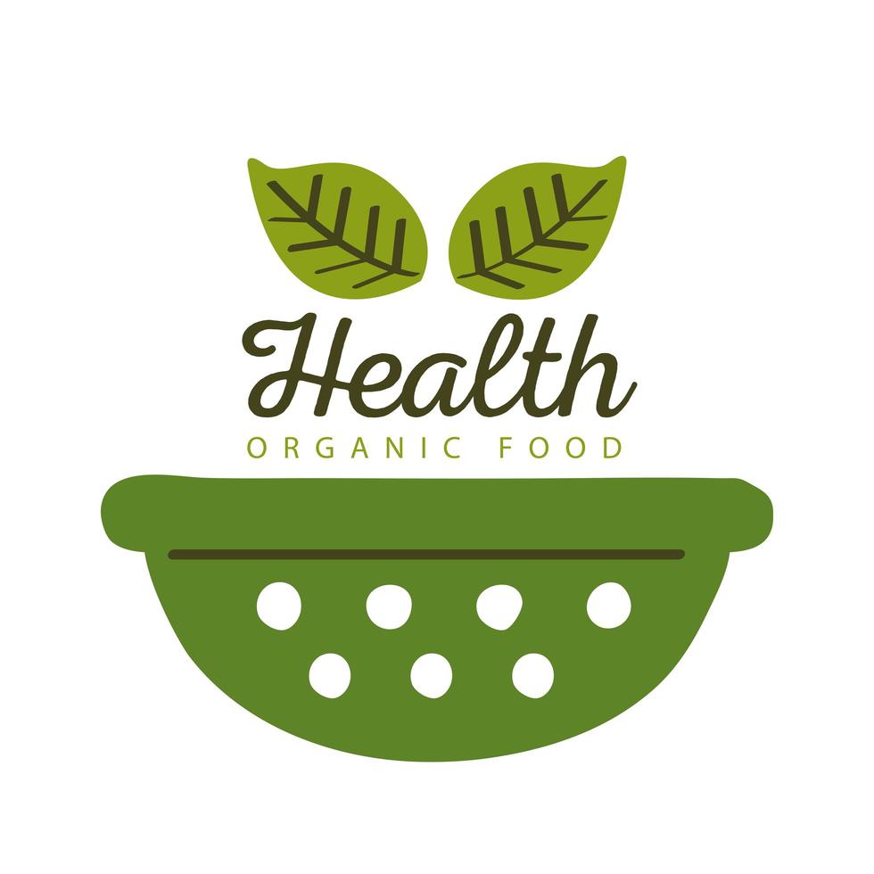 Étiquette d'aliments biologiques de santé avec bol et feuilles sur fond blanc vecteur
