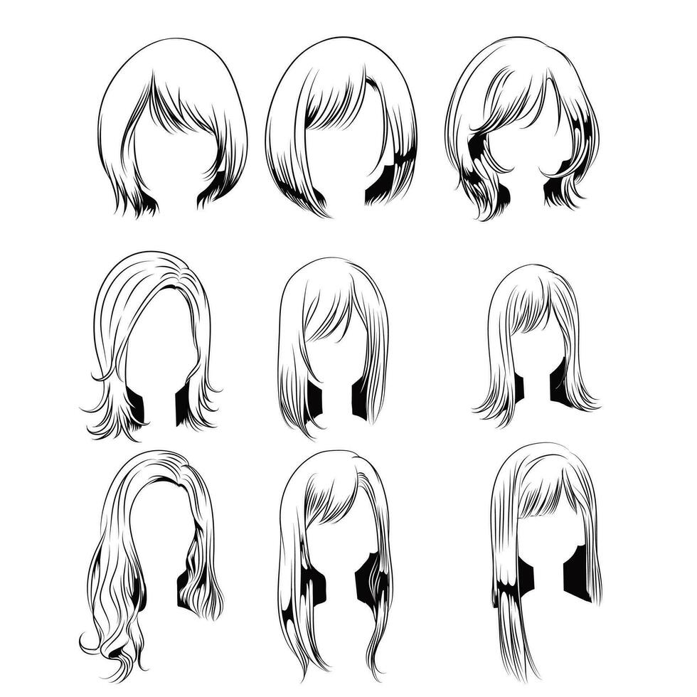 ensemble de vecteur ligne art anime fille cheveux pour graphique Ressources