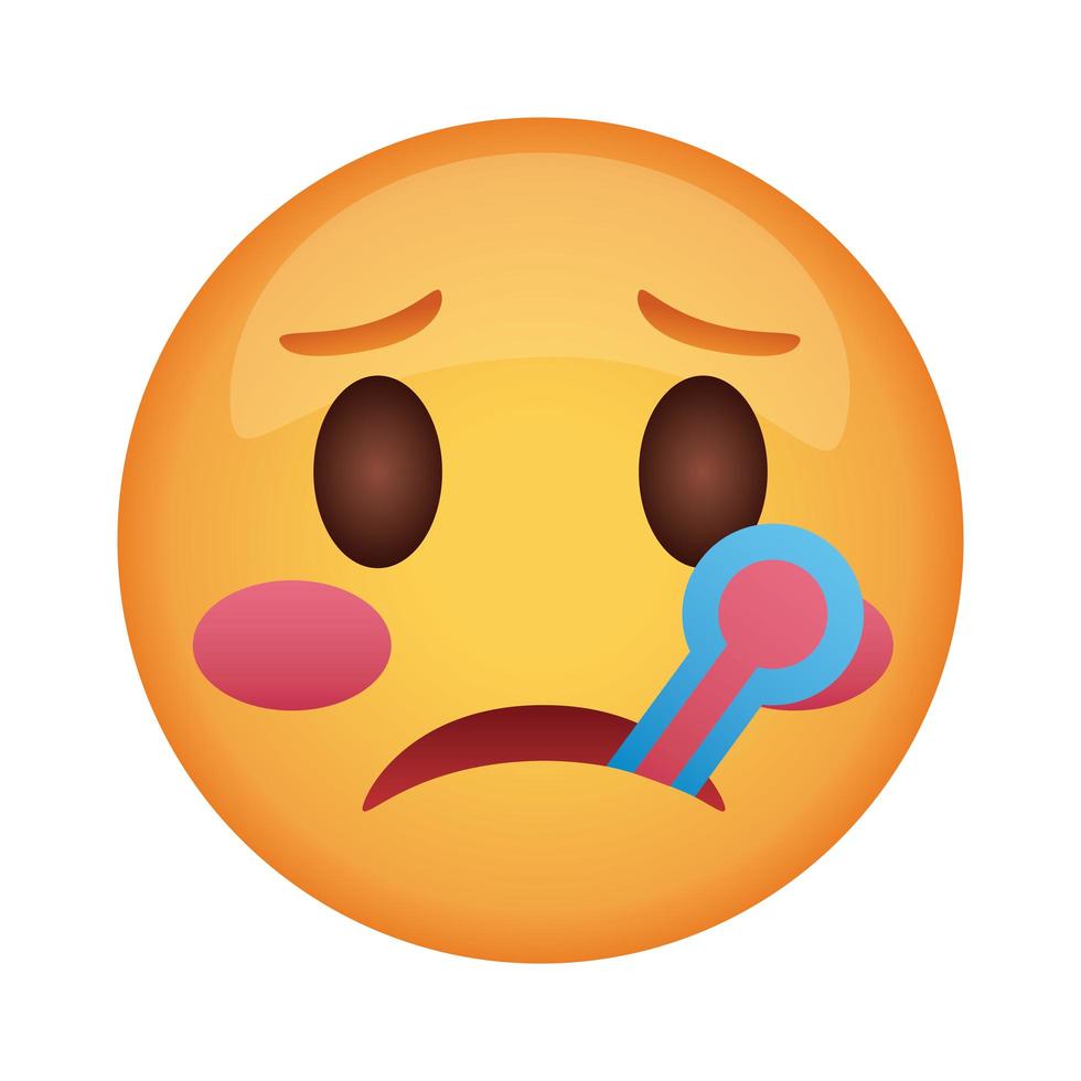 Visage d'emoji malade avec icône de style plat classique thermomètre vecteur