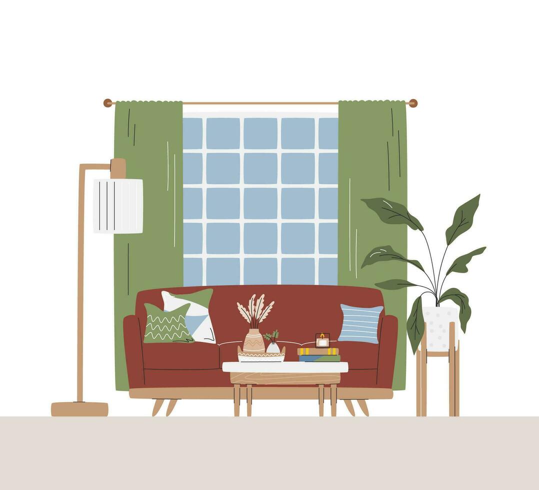 milieu du siècle vivant pièce intérieur concept conception avec plantes d'intérieur. confortable maison scène détails. café table avec les plantes décor et livres. confortable Accueil en relation main tiré plat vecteur illustration isolé