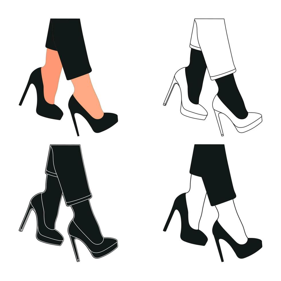 silhouette contour de femelle jambes dans une pose. des chaussures talons aiguilles, haute talons. marche, debout, en cours d'exécution, sauter, Danse vecteur