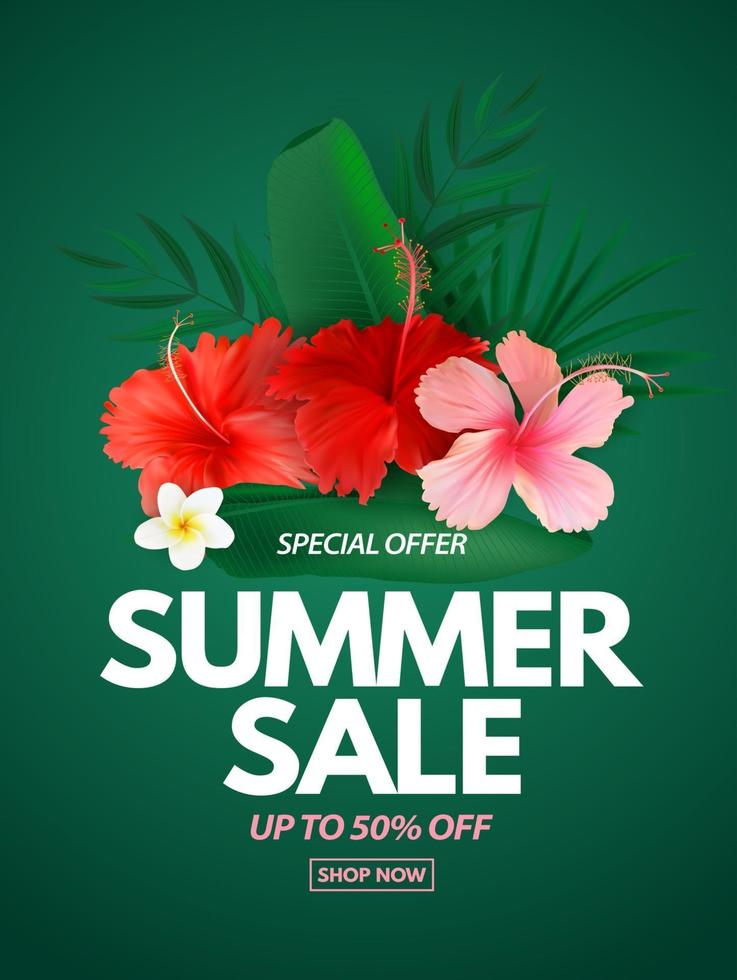 affiche de vente d'été fond naturel avec des feuilles de palmiers tropicaux et des fleurs exotiques vecteur