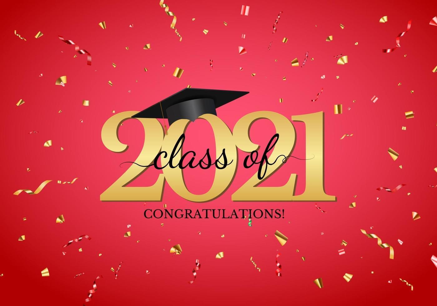 promotion de 2021 avec chapeau de graduation, confettis et ruban doré vecteur