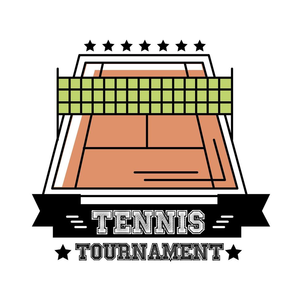 sport de court de tennis avec ruban et ligne de lettrage et icône de style de remplissage vecteur