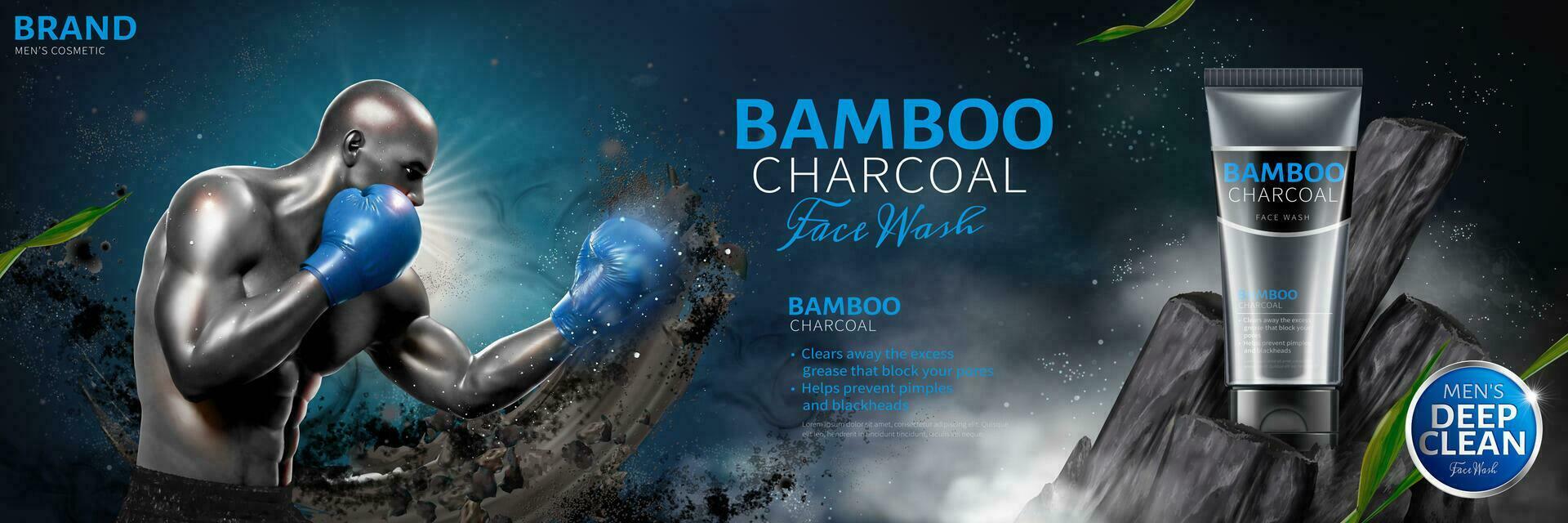 bambou charbon visage laver les publicités avec fort boxeur lancement crochet dans 3d illustration vecteur